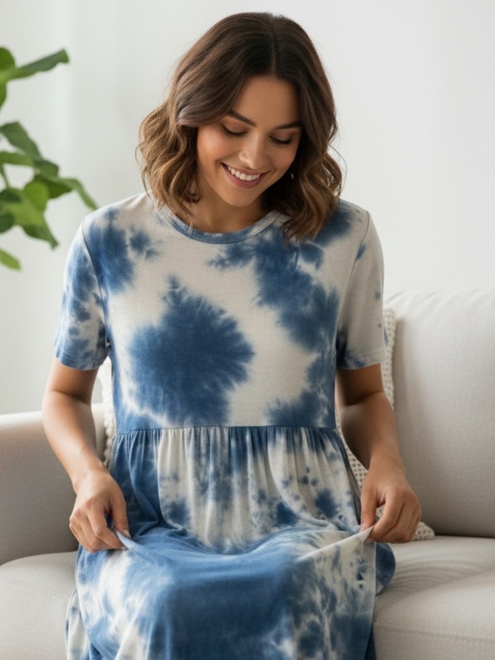Longyuan Short Sleeve Tie-Dye Casual Baby Doll Dress with Pockets Blue/White XL